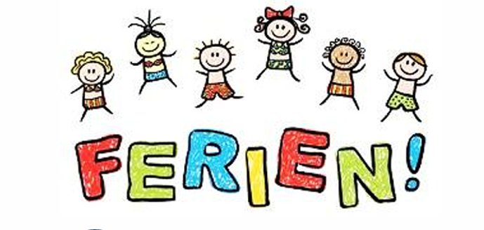 Schriftzug "Ferien" und sechs Kinder als Cartoon